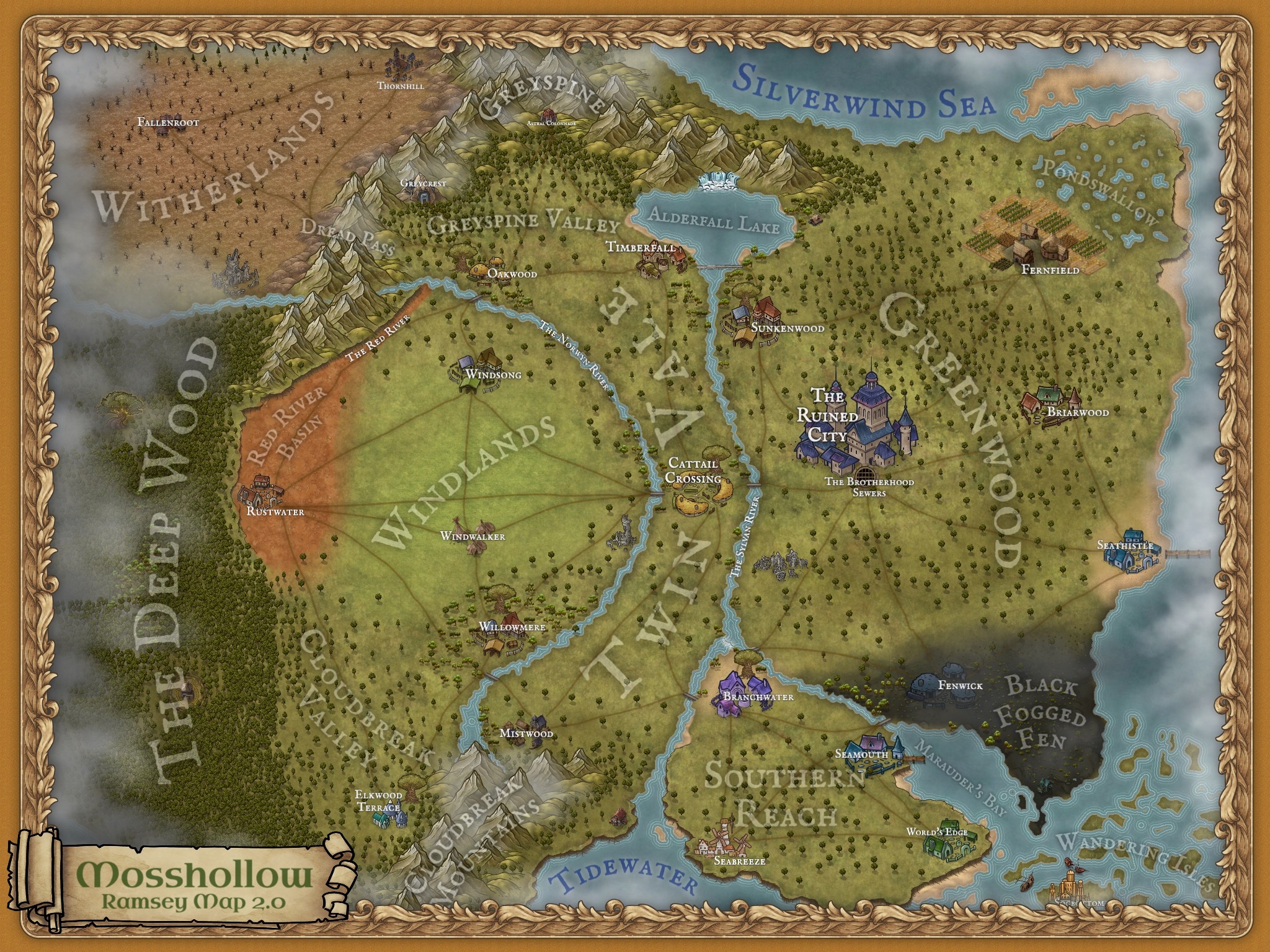 Illustrated map of Mosshollow showing its regions, settlements, rivers, mountains, and surrounding seas.